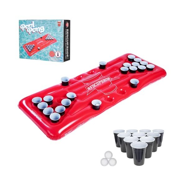 RedCupShop Bier Pong Matelas gonflable pour piscine avec 25 gobelets et 3 balles, table flottante à gonfler