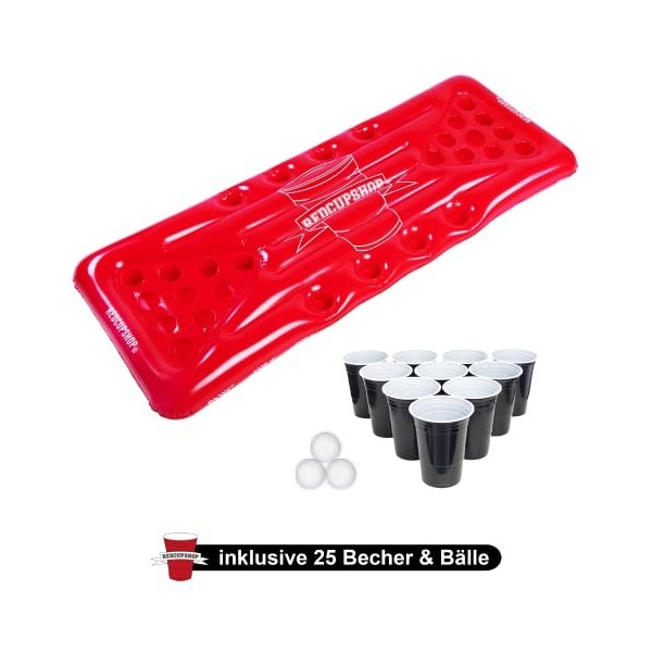 RedCupShop Bier Pong Matelas gonflable pour piscine avec 25 gobelets et 3 balles, table flottante à gonfler