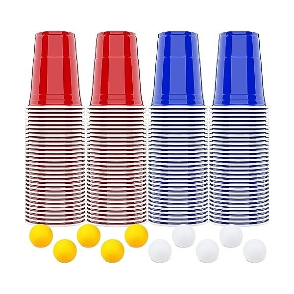 Tomicy Tasse de Bière Pong 24 Jeux à Boire Gobelets 12 Rouge + 12 Bleu et 24 Balles, Gobelets en Plastique Réutilisables Go