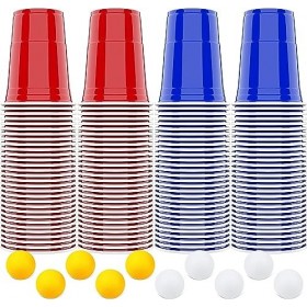 Tomicy Tasse de Bière Pong 24 Jeux à Boire Gobelets 12 Rouge + 12 Bleu et 24 Balles, Gobelets en Plastique Réutilisables Go