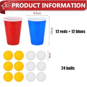 Tomicy Tasse de Bière Pong 24 Jeux à Boire Gobelets 12 Rouge + 12 Bleu et 24 Balles, Gobelets en Plastique Réutilisables Go