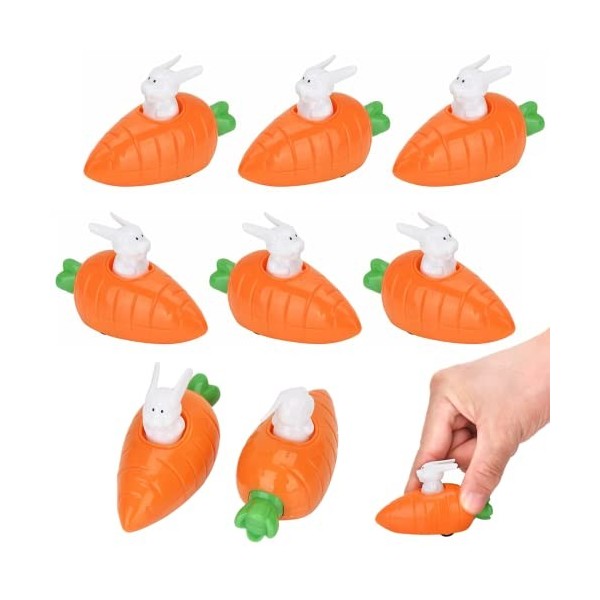 Lot de 8 lapins rétractables avec carotte - Jouet à remonter - Jouet de Pâques - Pour les enfants à partir de 2 ans