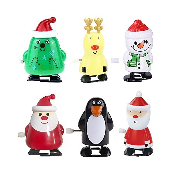 Lot de 6 jouets de Noël à remonter - Jouet à remonter - Pingouin - Renne - Arbre de Noël - Bonhomme de neige - Père Noël - Jo