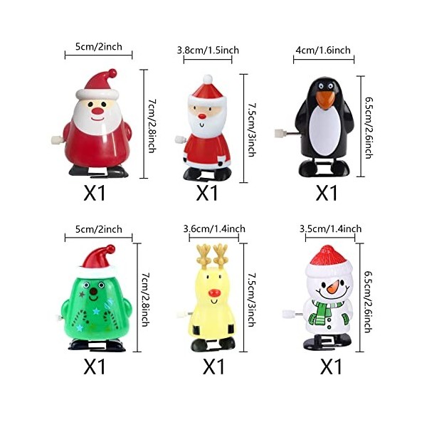 Lot de 6 jouets de Noël à remonter - Jouet à remonter - Pingouin - Renne - Arbre de Noël - Bonhomme de neige - Père Noël - Jo