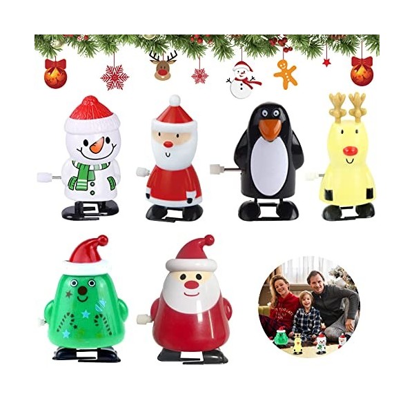 Booaee Lot de 6 jouets à remonter pour enfants - Jouet de Noël - Pingouin - Renne - Sapin de Noël - Bonhomme de neige - Père 