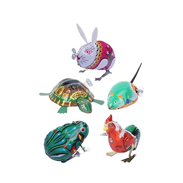 Alipis Lot de 5 jouets pour animaux à charge, jouets vintage en fer, grenouille, dessin animé, coq, souris, tortue, lapin, jo