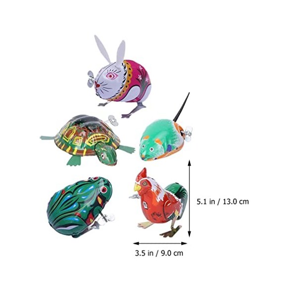 Alipis Lot de 5 jouets pour animaux à charge, jouets vintage en fer, grenouille, dessin animé, coq, souris, tortue, lapin, jo