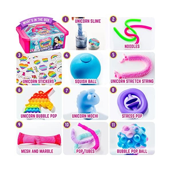 GirlZone Cadeau pour Les Filles Unicorn Fidget Slime Surprise Kit, Jouets Sensoriels avec du Slime Squishy Déjà Fait, Balle A