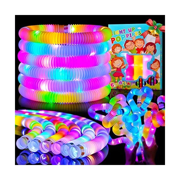 Mikulala 6 Pack Pop Tubes Lumineux Fidget Jouets Sensoriels de Tuyau pour Enfant Jouets Motricité Fine de Tout-Petit Pop LED 