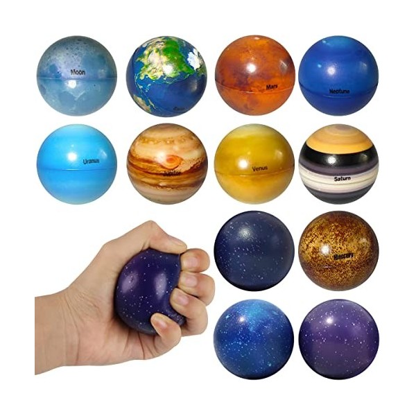 Balle Anti-Stress Fidget Toy, XiXiRan 12pcs Boule Stressantes, Mini Balle de Sport/Planètes/Animaux/Insectes/Emoji Balle Anti