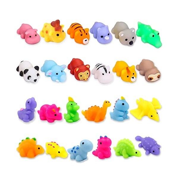 Chennyfun 24 pcs Animal Mochi Squeeze Toy, Kawaii Squishy Jouets Animaux Dinosaure, Mini Doux Squeeze Anti-Stress Jouets,Sque