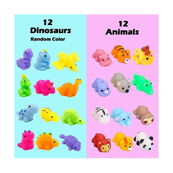Chennyfun 24 pcs Animal Mochi Squeeze Toy, Kawaii Squishy Jouets Animaux Dinosaure, Mini Doux Squeeze Anti-Stress Jouets,Sque