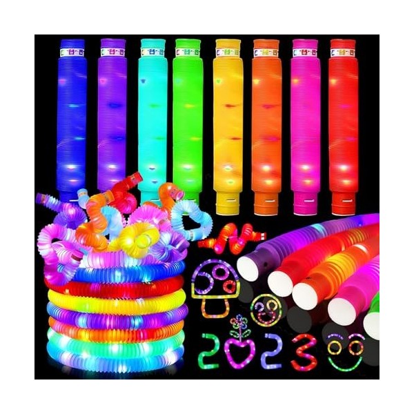 8 Pièces Pop Tube LED Couleur,Jouets Sensoriels de Tuyau Extensible Multicolore Jouets de Soulager Stress,Pop Tubes Lumineux 