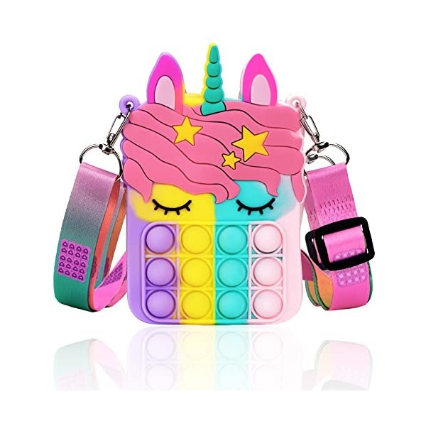 Accevo Licorne Pop-It Push Bubble Fidget Toys Sac à Bandoulière pour Filles Sensory Toys, Pop Jouets Anti-Stress Sac à Main p