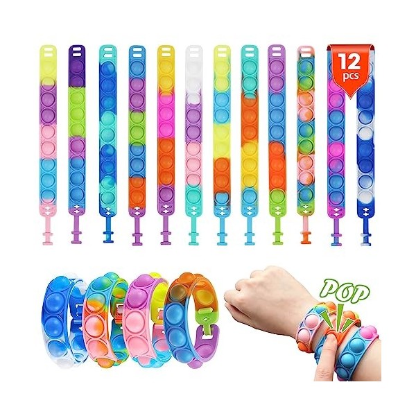 LOCCY 12 Pièces Bracelet Pop It, Anti-Stress Fidget Bracelet Toy Push Bubble Jouets Sensoriels pour Enfants et Adultes 12 Pi