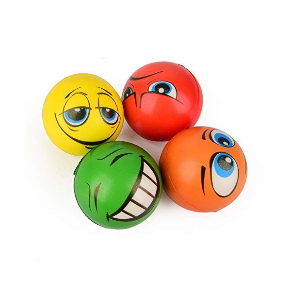 ewtshop® Lot de 4 balles anti-stress, 4 motifs différents, 6 cm de