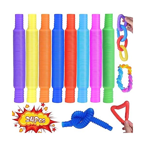 24 Pack Pop Tubes Mini Jouets Sensoriels, CZMAO Jouets Sensoriels de Tuyau Extensible Multicolore Anti-Stress pour Enfants, A