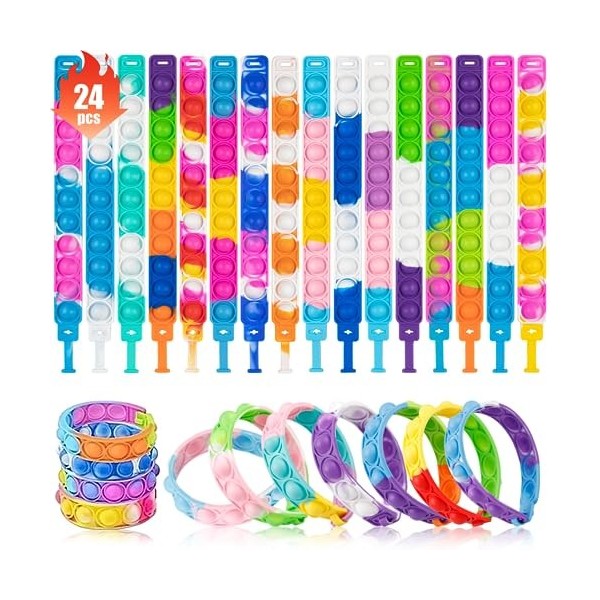 Niaetuto 24Pcs Pop It,Popit Bracelets Anti-Stress,Bracelet Pop It Enfant en Silicone,Fidget Sensory Toys,Multicolore Popit Jo