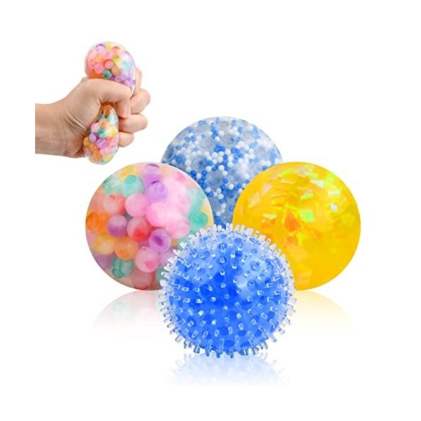 Laughhe Lot de 4 Balles Anti-Stress, Squishy Ball Remplies de Perles deau  Balle de Soulagement, Colorées Boule Antistress Ba