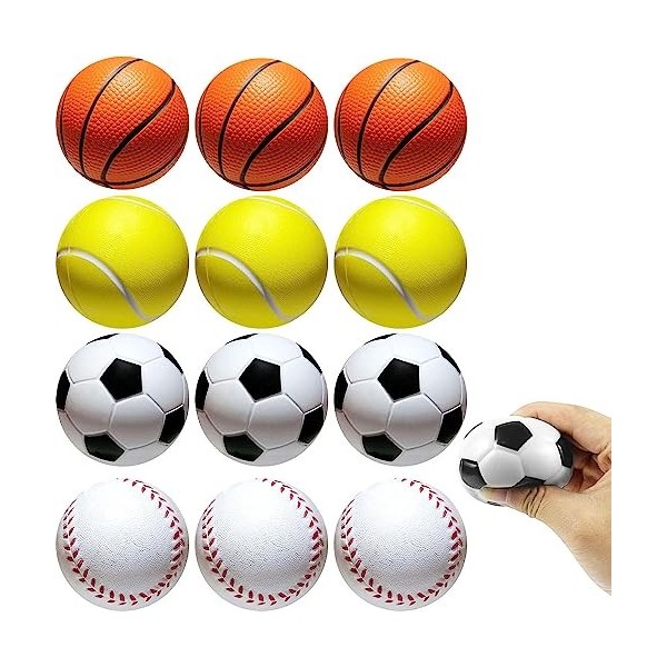 LUFEIS 12 Pièces Balles Anti-Stress de Sport, Mini Balles Sportives, Balles en Mousse, Inclu Football, Basketball, Tennis et 