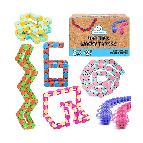 Wacky Tracks Lot de 5 jouets sensoriels anti-stress à clipser et à cliquer, 48 maillons, jouet sensoriel anti-stress
