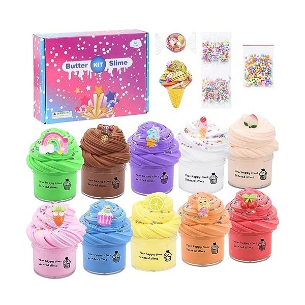 Thedttoy 10 Pièces Fluffy Butter Slime Kits avec Mini Breloques Mignonnes, Joli Cadeau de Fête Slime, Super Doux et Antiadhés