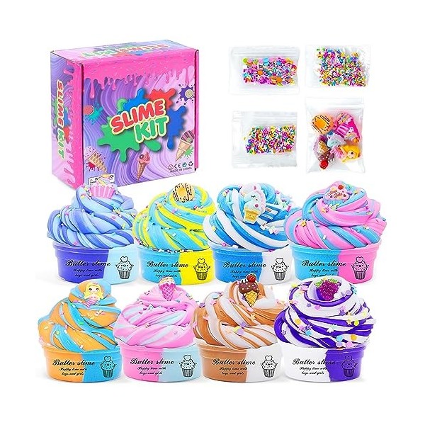 Thedttoy 10 Pièces Fluffy Butter Slime Kits avec Mini Breloques Mignonnes, Joli Cadeau de Fête Slime, Super Doux et Antiadhés