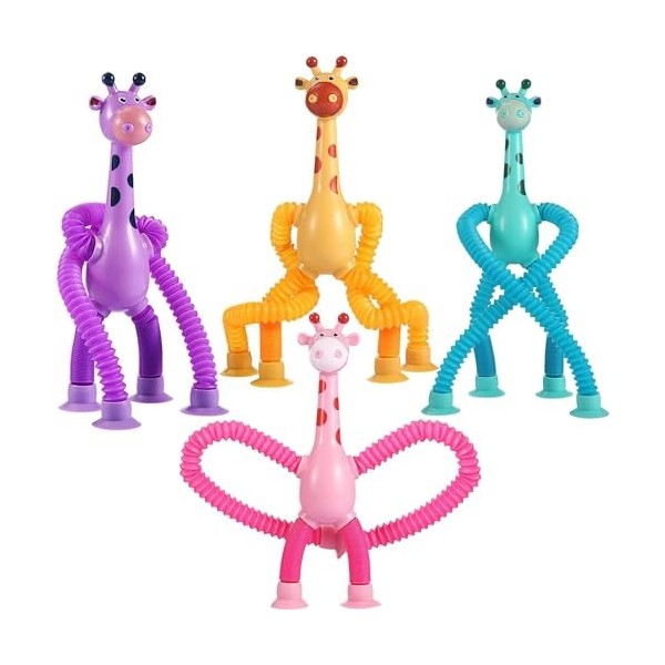 4 Pièces Jouet de Girafe à Ventouse Télescopique, Jouets sensoriels de Jouet de Girafe, Girafe Pop Tubes Fidget Jouet Jouet é