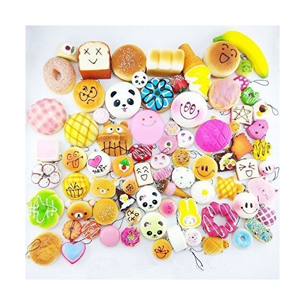 Karids Random – Pack de 15 Squishies Doux : panda, animal, glace, fruit, pain, gâteau, brioches – Jumbo, medium, mini – Sangl
