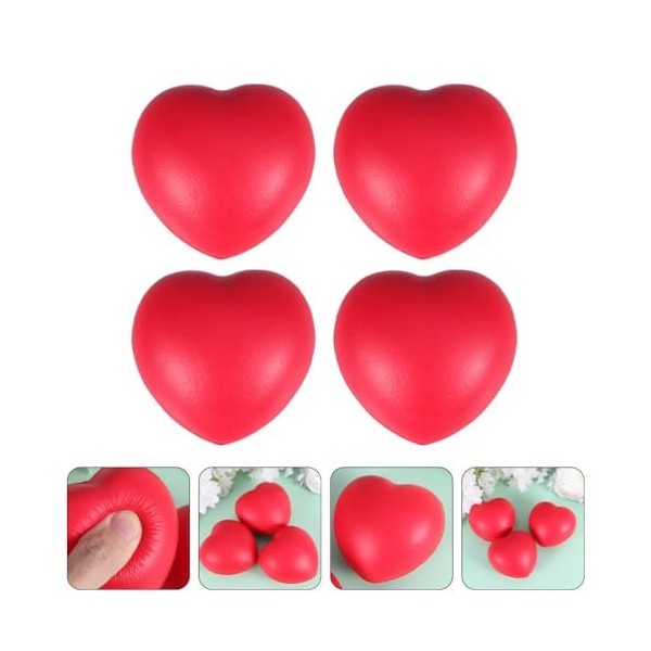 Lot de 4 balles anti-stress en forme de cœur rouge - En polyuréthane - Pour enfants et adultes