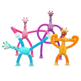 Lot de 4 jouets télescopiques en forme de girafe à ventouse - Tubes extensibles sensoriels colorés - Jouet éducatif innovant