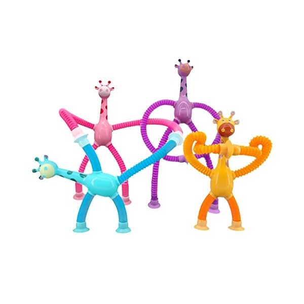 Lot de 4 jouets télescopiques en forme de girafe à ventouse - Tubes extensibles sensoriels colorés - Jouet éducatif innovant