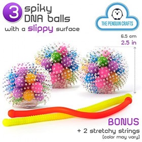 Lot de 5 balles anti-stress ADN à picots pour enfants et adultes - Balles sensorielles anti-stress avec cordes extensibles te