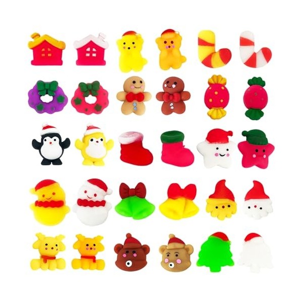Lot de 30 jouets à presser Mochi de Noël - Visage mignon Kawaii - Avec bonhomme de neige - Soulage le stress et lanxiété - P