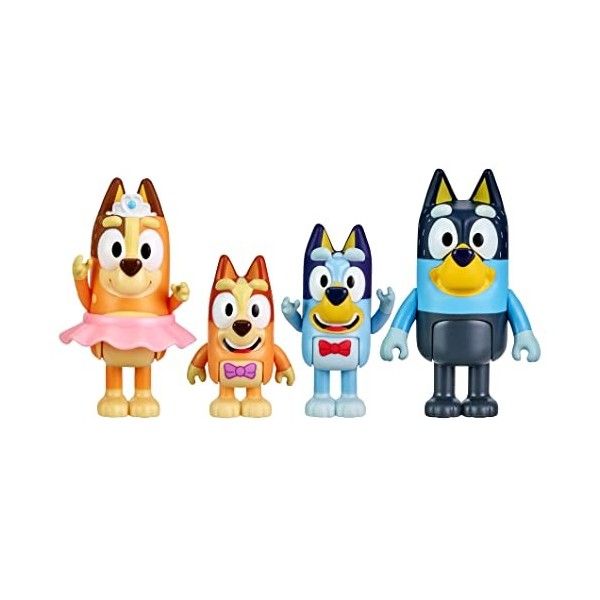 Bluey The Show Lot de 4 Figurines articulées à Collectionner, Bingo, Chili Mum et Bandit Dad 6,3 à 7,6 cm