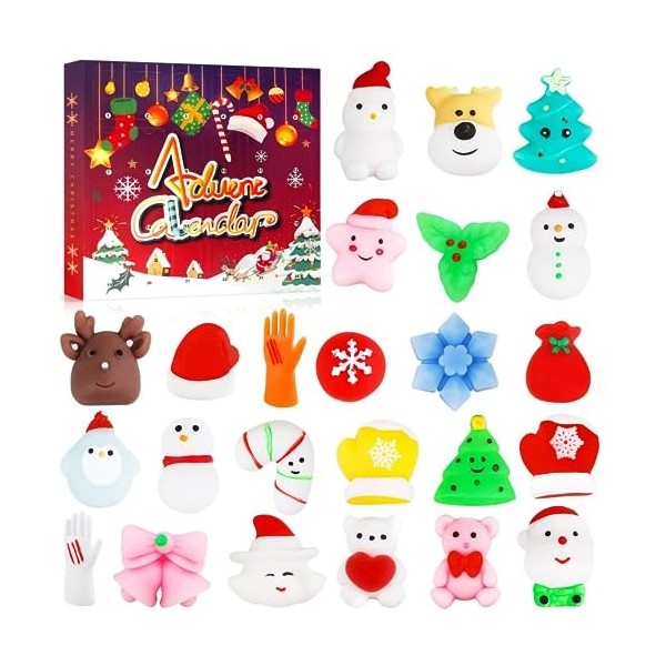 24PCS Jouets de Compte à Rebours de Noël,Mixed Mini Soft Kawaii Toy,Mochi Animaux Jouets,pour Cadeaux Anniversaire Noël C1 