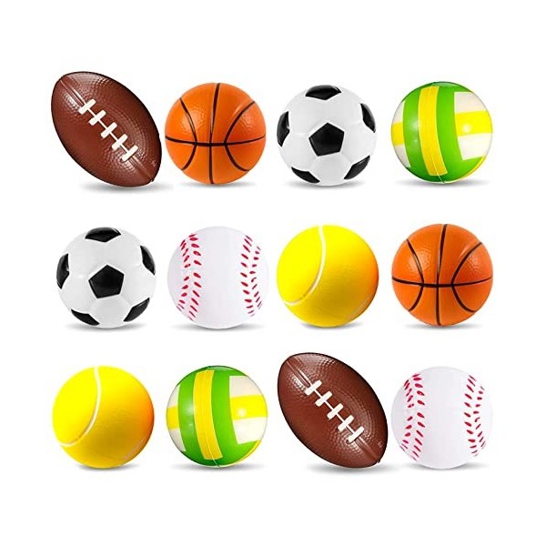 POTWPOT Lot de 12 balles de sport en mousse souple pour le football, le basket-ball, le tennis, le baseball, le rugby et le v
