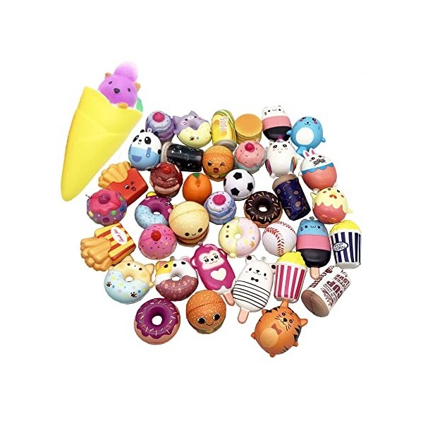 xuanliu Lot de 30 jouets à écraser Kawaii mignons 1 Jumbo + 29pcs moyennes/minus aléatoires pour gâteaux, pains, pandas, ch