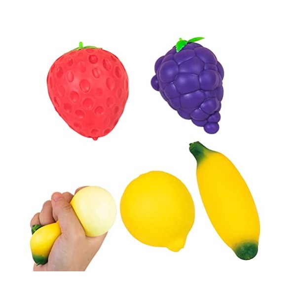 Lot de 4 balles anti-stress boueuses pour les fruits - Fraise, raisin, citron, banane - Balles de stress amusantes - Jouet se