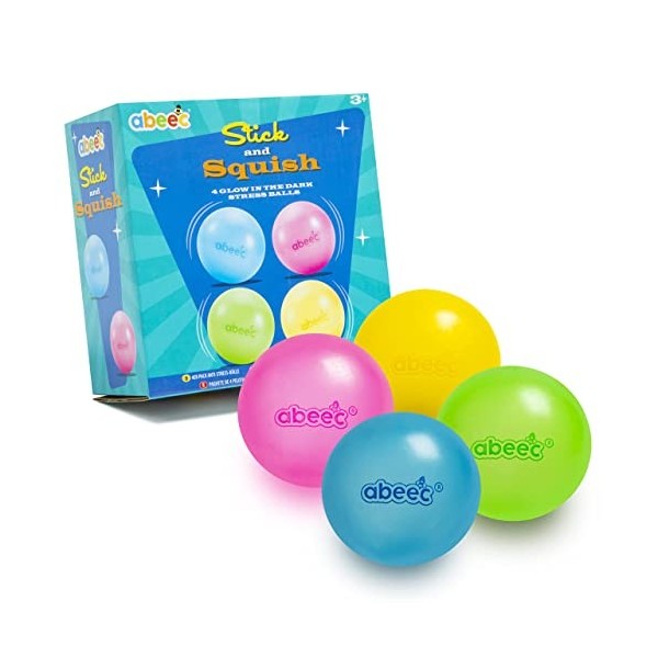 abeec Stick and Squish Balles anti-stress pour enfants - Lot de 4 jouets  spongieux - Comprend 4 balles anti-stress phosphores