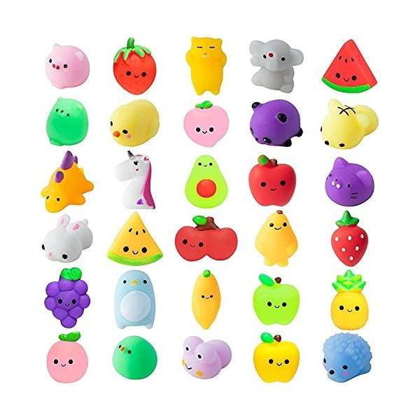 Haooryx Lot de 30 jouets Mochi à presser pour enfants, décorations de fête, cadeaux danniversaire, fruits et animaux en form