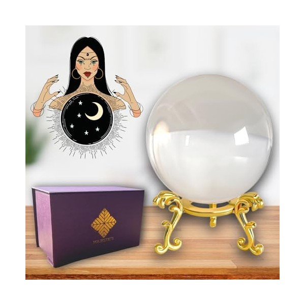 Boule de Cristal Voyance 8 cm & Son Support en Métal + Boîte – Parfaite pour Cristallomancie, Divination, Medium [Garantie A 