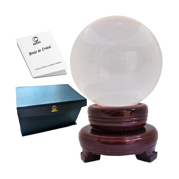 ESOAS Boule de Cristal Voyance Divinatoire 8cm avec Support en Bois, Idéale Cristallomancie, Divination et Medium [Garantie