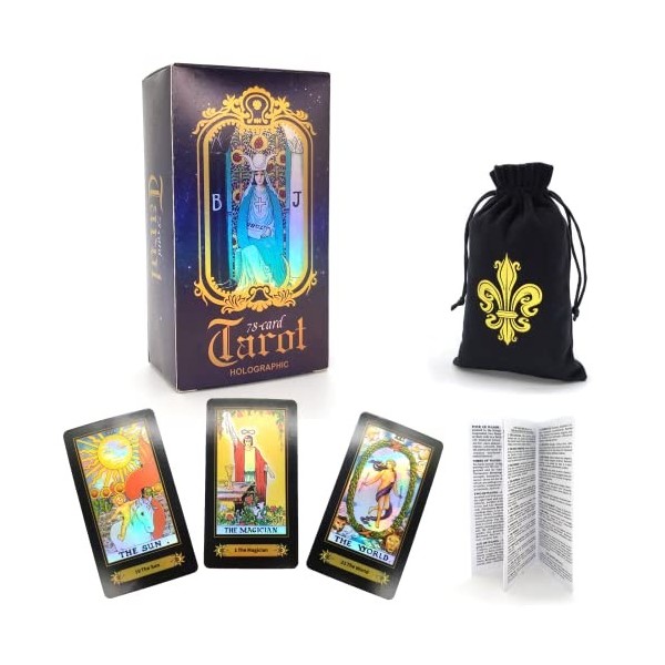 Cekell Jeu de Tarot Traditionnel 78 Cartes holographiques avec Guide et Sac de Tarot en Velours, Outil de Divination avec Eff