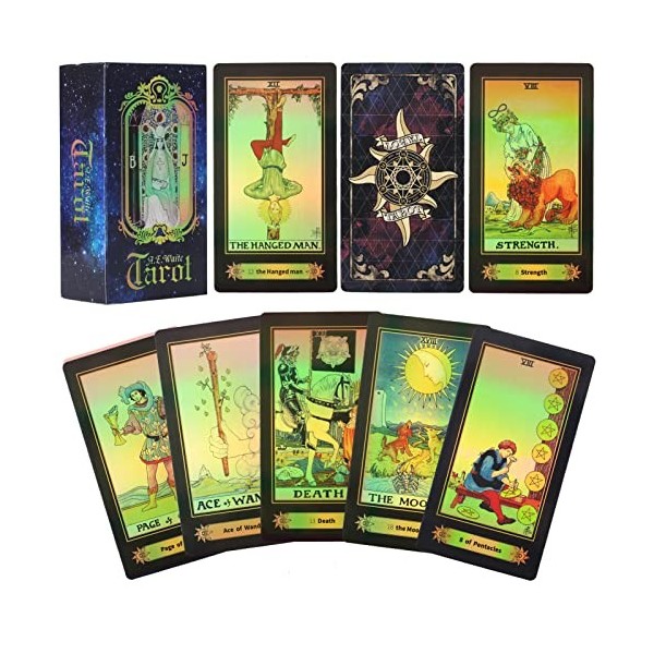 Smoostart 78 Cartes de Tarot avec Guide, Jeu de Cartes de Tarot holographique avec boîte colorée pour débutants et Joueurs Pr