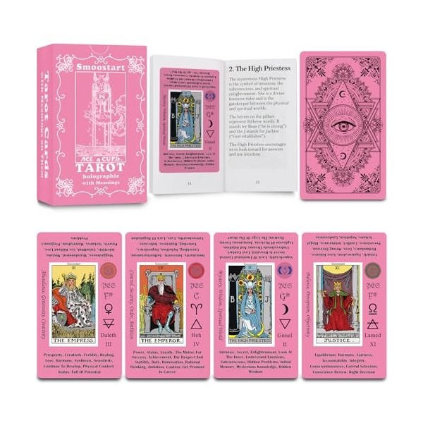 Smoostart 78 Cartes de Tarot avec Guide, Jeu de Cartes de Tarot holographique avec boîte colorée pour débutants et Joueurs Pr