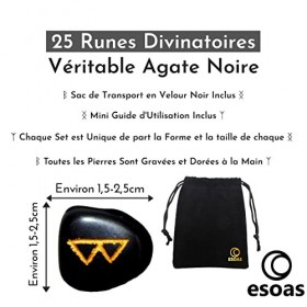 RUNES DIVINATOIRES VIKING, Set x25 Pierres Polies Semi Précieuses Gravées Agate Noire Avec Sac. Idéal Pour Divination, Voya