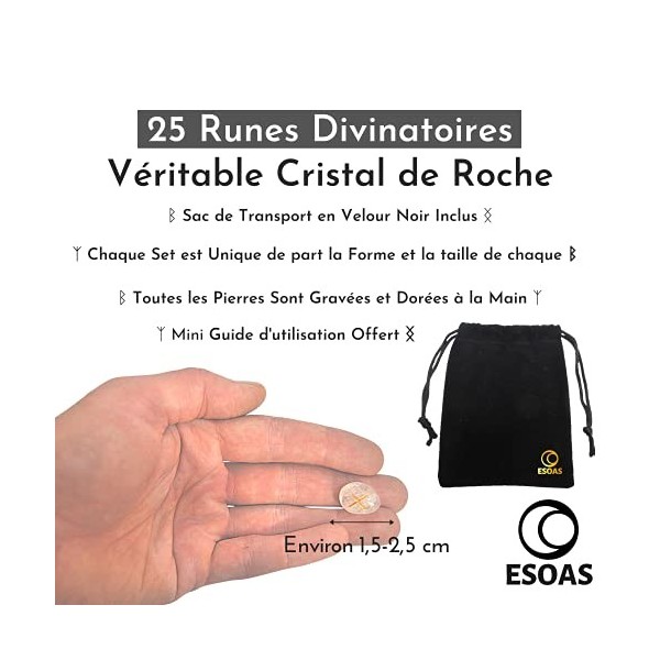 RUNES DIVINATOIRES VIKING Cristal de Roche, Set x25 Pierres Polies Semi Précieuses Gravées Avec Sac. Idéal Pour Divination, V