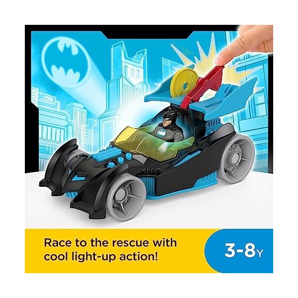 Imaginext DC Super Friends voiture Batmobile avec effets lumineux et lance projectiles disques, 1 figurine Batman incluse, jo