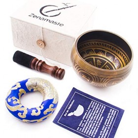 Zenamaste • Coffret Bol Tibétain de Méditation Fait à la main dans la cité de Bhaktapur au Népal - 350gr - ⌀8,9cm • Coffret e